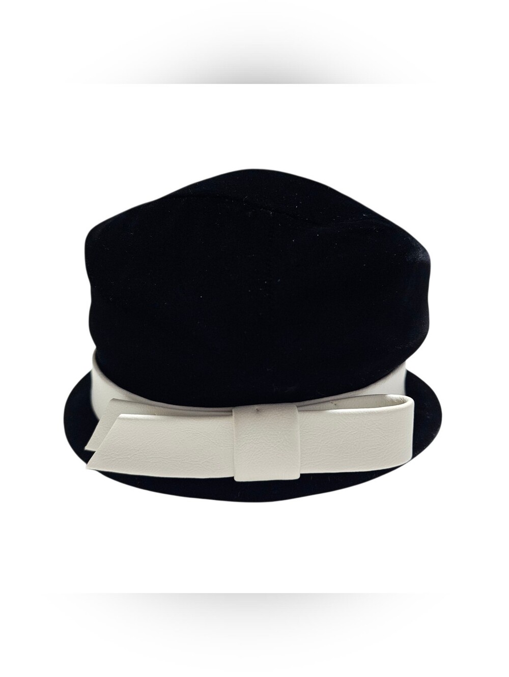 Vintage Black Velvet Cloche Bucket Hat White Faux Leather Bow Accent Women OSFM